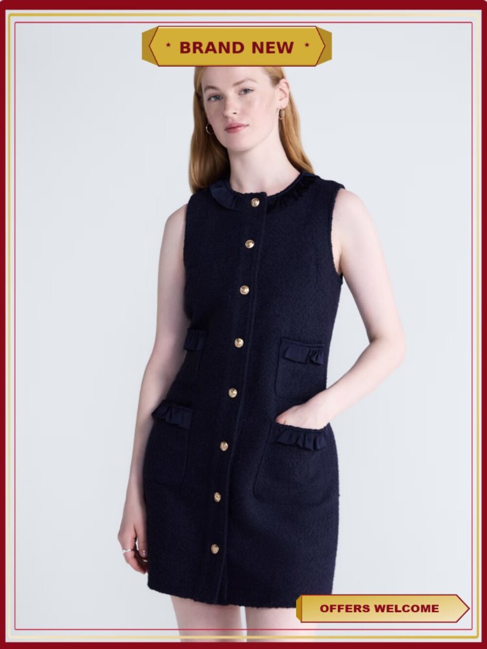 Sleeveless Button Front Shift Dress Boucle Ruffle Trim Pockets